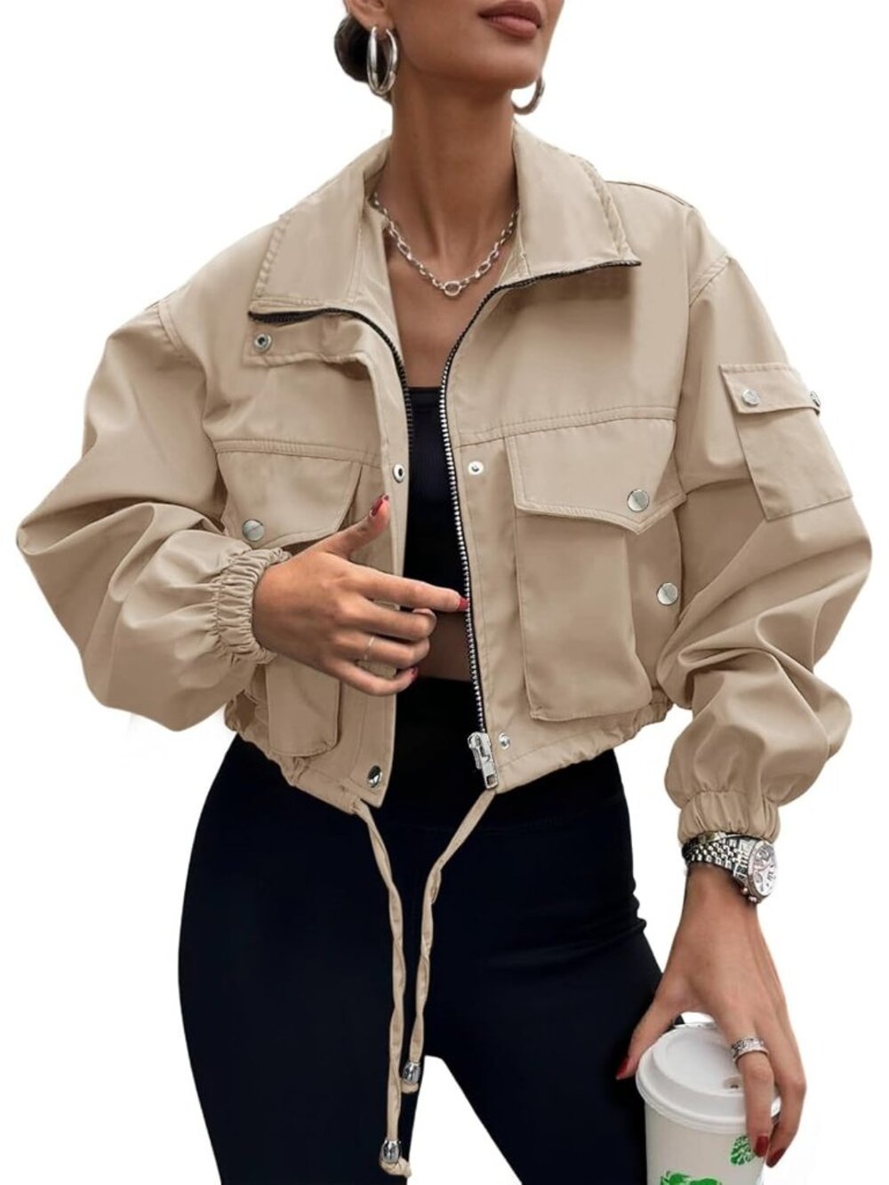 Women's Khaki 100% Polyester Cropped Zip Up Cargo Utility Anorak Bomber Jacket